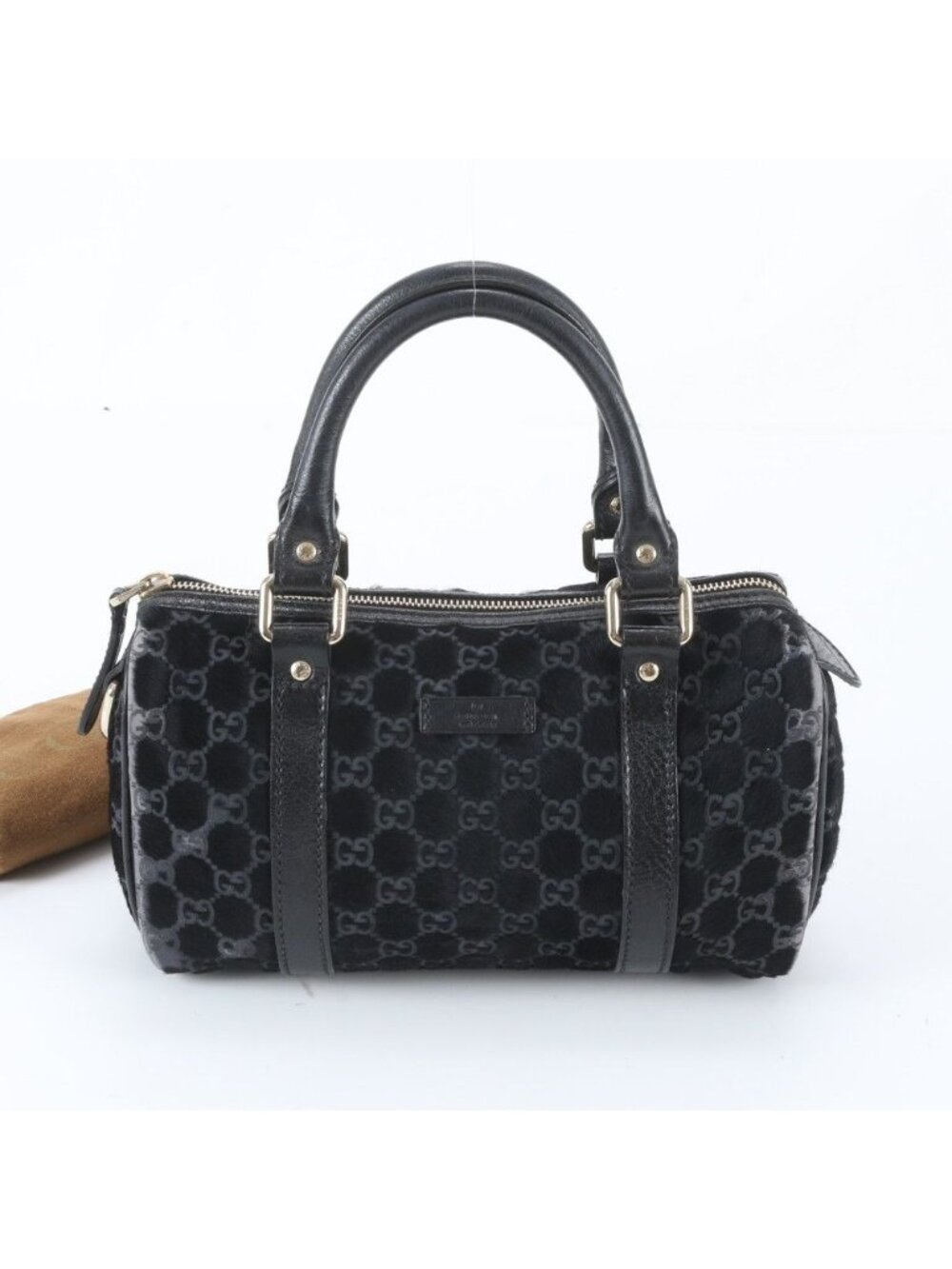 Gucci GG Canvas Calf Hair Mini Boston Leather Handbag Tote Black